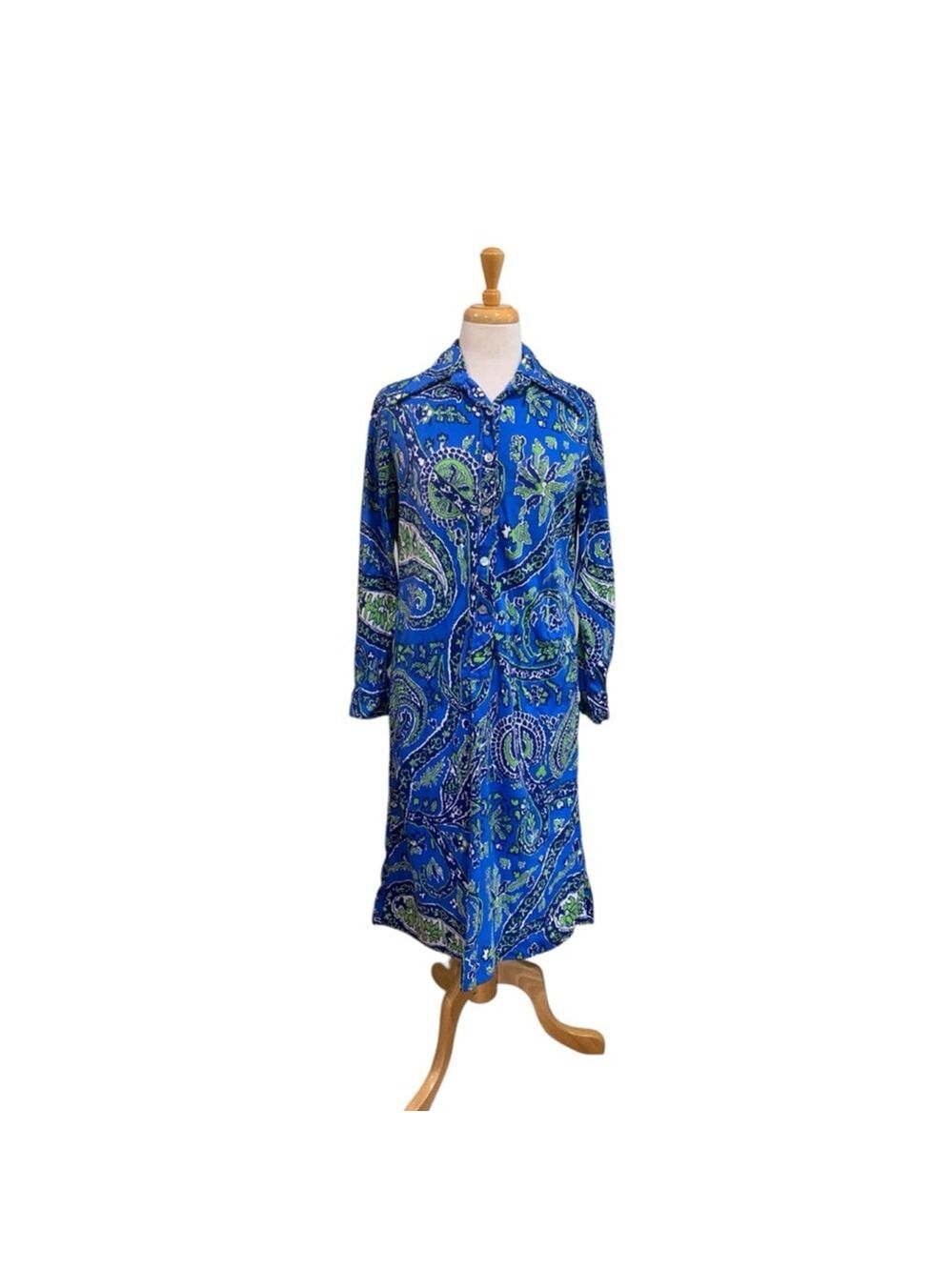 Vntg 70’s Women's Lady Manhattan Long Sleeve Dress Blue Green size M